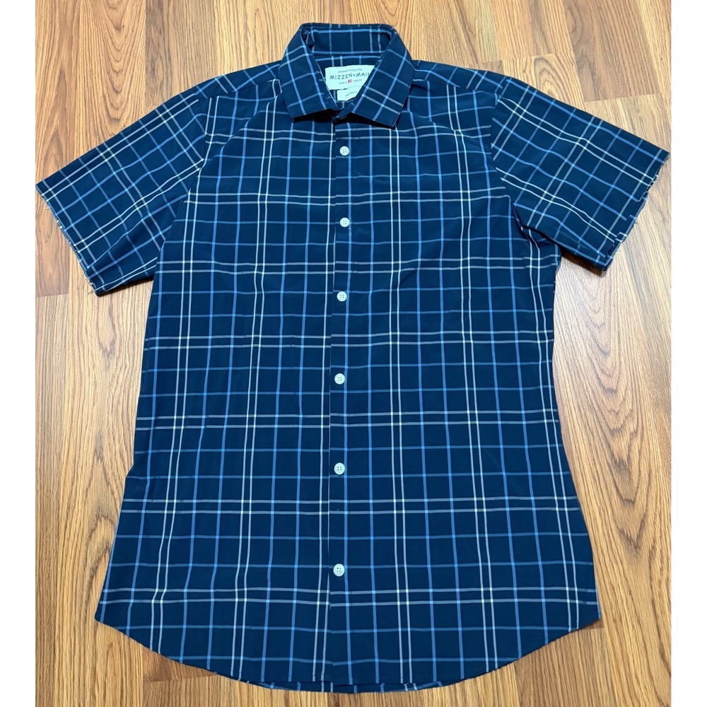 Mizzen And Main Shirt Mens Large Trim Fit Performance Blue Plaid Button Front
